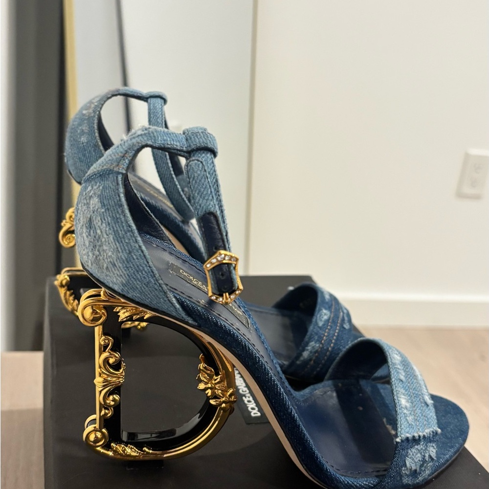 Dolce & Gabbana Blue Denim Heels with Gold Detail - Picture 3 of 5